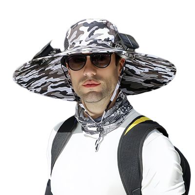 ACE4U Wide Brim Solar Fan Outdoor Fishing Hat-Solar & USB Charging, 2024 Wide Brim Solar Fan Hats for Men (Color : White Camouflage 2 Fan, Size : One Size)