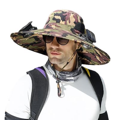 ACE4U Wide Brim Solar Fan Outdoor Fishing Hat-Solar & USB Charging, 2024 Wide Brim Solar Fan Hats for Men (Color : Khaki Ink 1 Fan, Size : One Size)