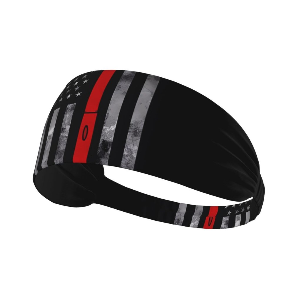 YYHWHJDE Elastic Unisex Sports Headband Moisture Wicking Athletic for Running, Working Out,Outdoor Sports Firefighter Axe Red Line Flag Prints, Black