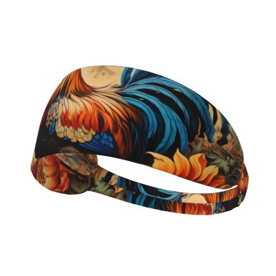 YYHWHJDE Elastic Unisex Sports Headband Moisture Wicking Athletic for Running, Working Out,Outdoor Sports Vintage Sunflower Rooster Printing, Black