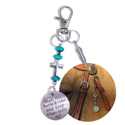 Horse Saddle And Bridle Charm Clip, Bless this Horse and Rider Keep Safe Bridle Saddle Charm Gifts for Horse Rider, Saddle Strings Riding Enthusiast Charms Hanging Ornament (Blue Stone & Feather)