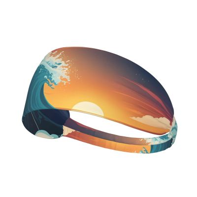 YYHWHJDE Elastic Unisex Sports Headband Moisture Wicking Athletic for Running, Working Out,Outdoor Sports Sunset and Sunrise with Ocean Sea Waves Prints, Black