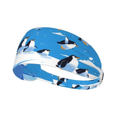 YYHWHJDE Elastic Unisex Sports Headband Moisture Wicking Athletic for Running, Working Out,Outdoor Sports Penguins on The Iceberg Printing, Black