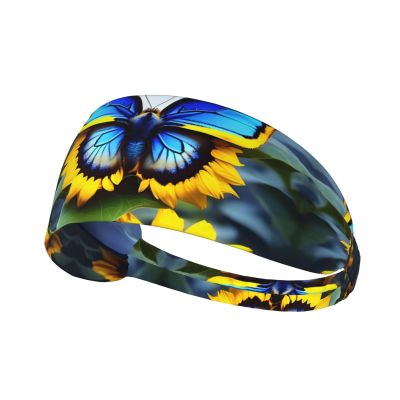 YYHWHJDE Elastic Unisex Sports Headband Moisture Wicking Athletic for Running, Working Out,Outdoor Sports Sunflower Blue Butterfly Prints, Black