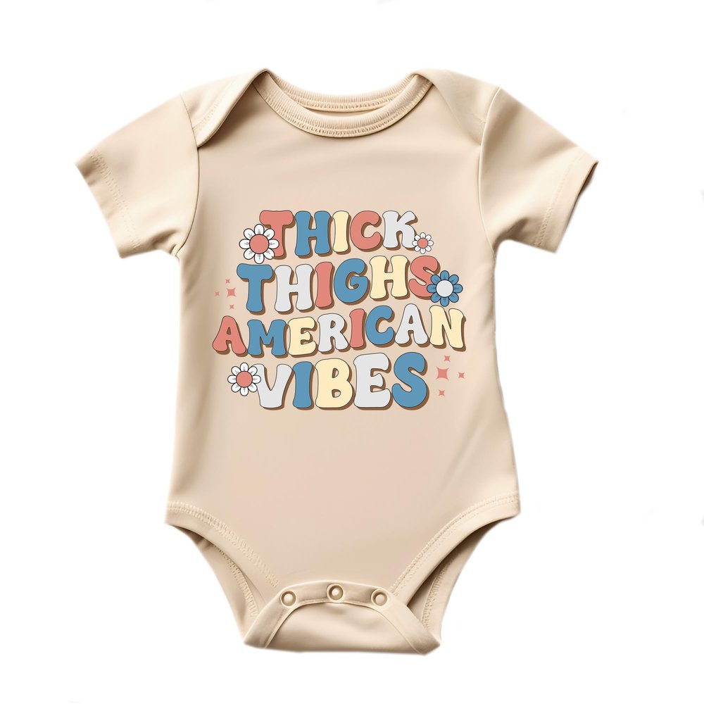 Thick Thighs American Vibes Funny Baby Bodysuit for 4th of July USA Independence Day Shirts Patriotic Tops for Family and Kids Unisex (Thick Thighs)