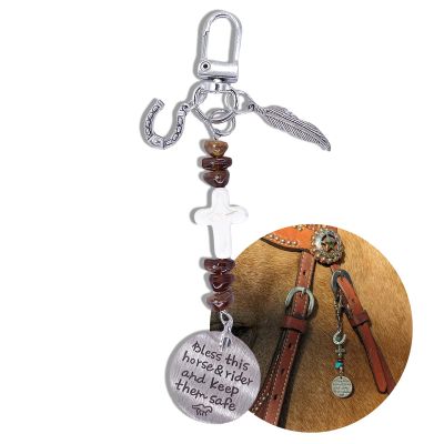 Horse Saddle and Bridle Charm Clip, Bless This Horse and Rider Keep Safe Bridle Saddle Charm Gifts for Horse Rider, Saddle Strings Riding Enthusiast Charms Hanging Ornament (Feather & Horseshoe)