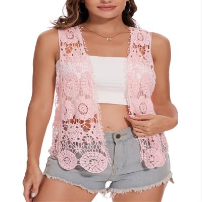 Anna-Kaci Lace Front Open Sleeveless Top Cardigan Crochet Vest Cover up Summer Beachwear, Pink, Medium