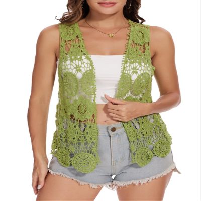 Anna-Kaci Lace Front Open Sleeveless Top Cardigan Crochet Vest Cover up Summer Beachwear, Olive Green, Medium