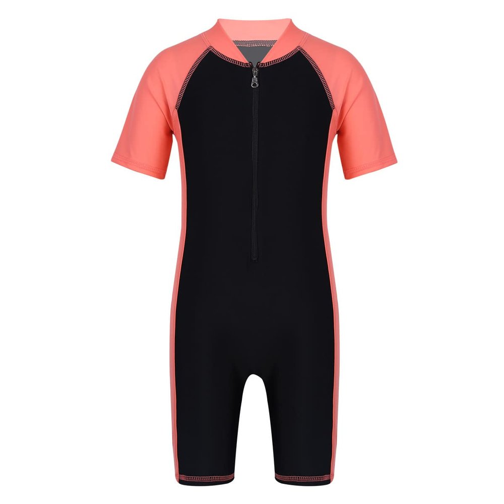 Yruioon Kids Girls Boys Solid Short Sleeve Zip Up Boyleg Swimsuits One Piece Rashguard Wetsuits Watermelon Red&Black 8 Years