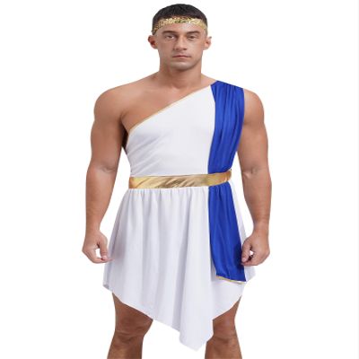 Agoky Men's Adult Ancient Grecian Toga Costume for Couple Halloween Greek Costumes Roman Party Outfits Blue 3X-Large