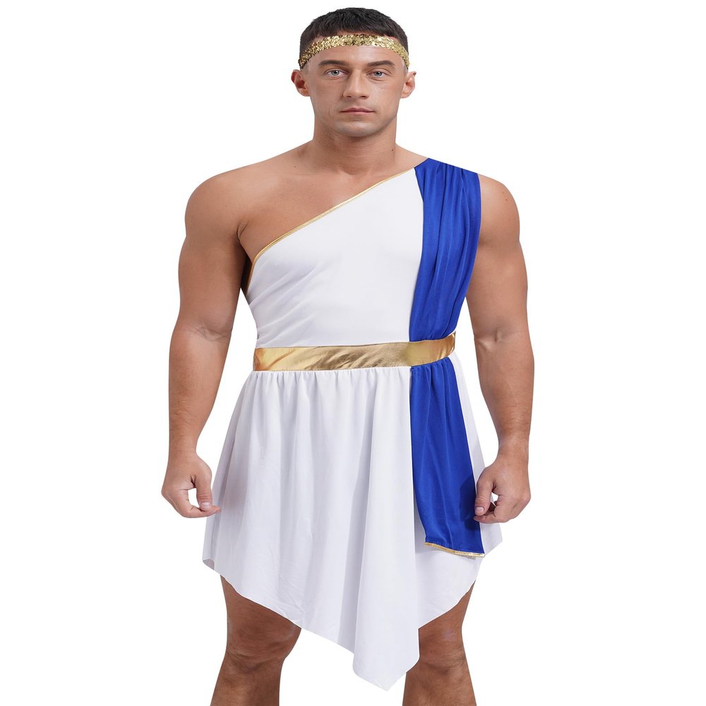 Agoky Men's Adult Ancient Grecian Toga Costume for Couple Halloween Greek Costumes Roman Party Outfits Blue 3X-Large