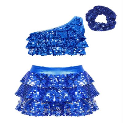 Jowowha Girls Sequins Latin Jazz Disco Ballet Dance Performance Dress Kids Crop Top with Tassel Tutu Skirt Tap Dancewear Royal Blue 4 Years
