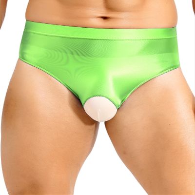 ACSUSS Mens Oily Glossy Sheer Open Crotch Bikini Briefs Trunks Shorts High Elastic Panties Underwear Fluorescent Green X-Large