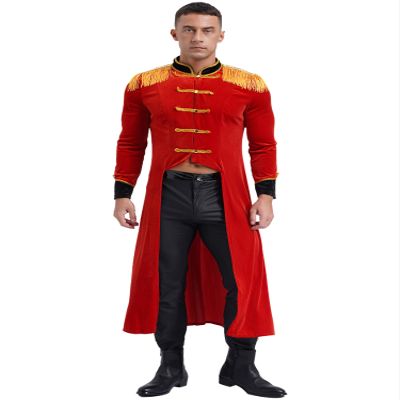 Zaldita Men's Circus Ringmaster Tassel Long Jacket Coat Velvet Ring Leader Lion Tamer Long Tailcoat Costume Red Medium