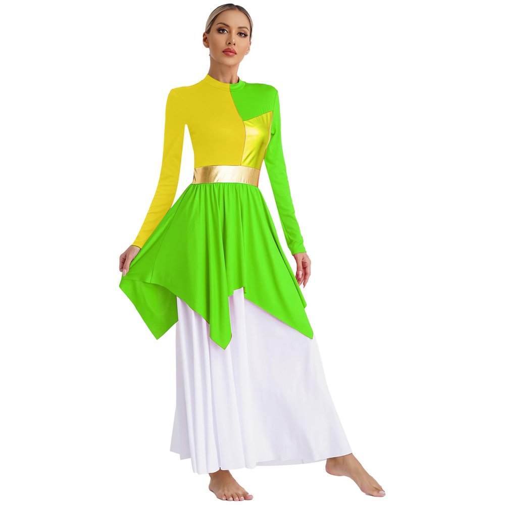 Loyan Women Metallic Color Block Liturgical Praise Dance Dress Worship Costume Irregular Hem Lyrical Dancewear Green Medium