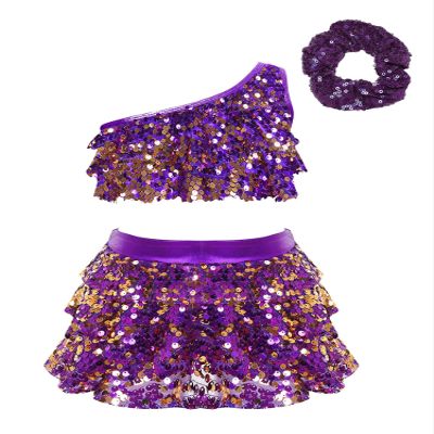 Jowowha Girls Sequins Latin Jazz Disco Ballet Dance Performance Dress Kids Crop Top with Tassel Tutu Skirt Tap Dancewear Purple 4 Years