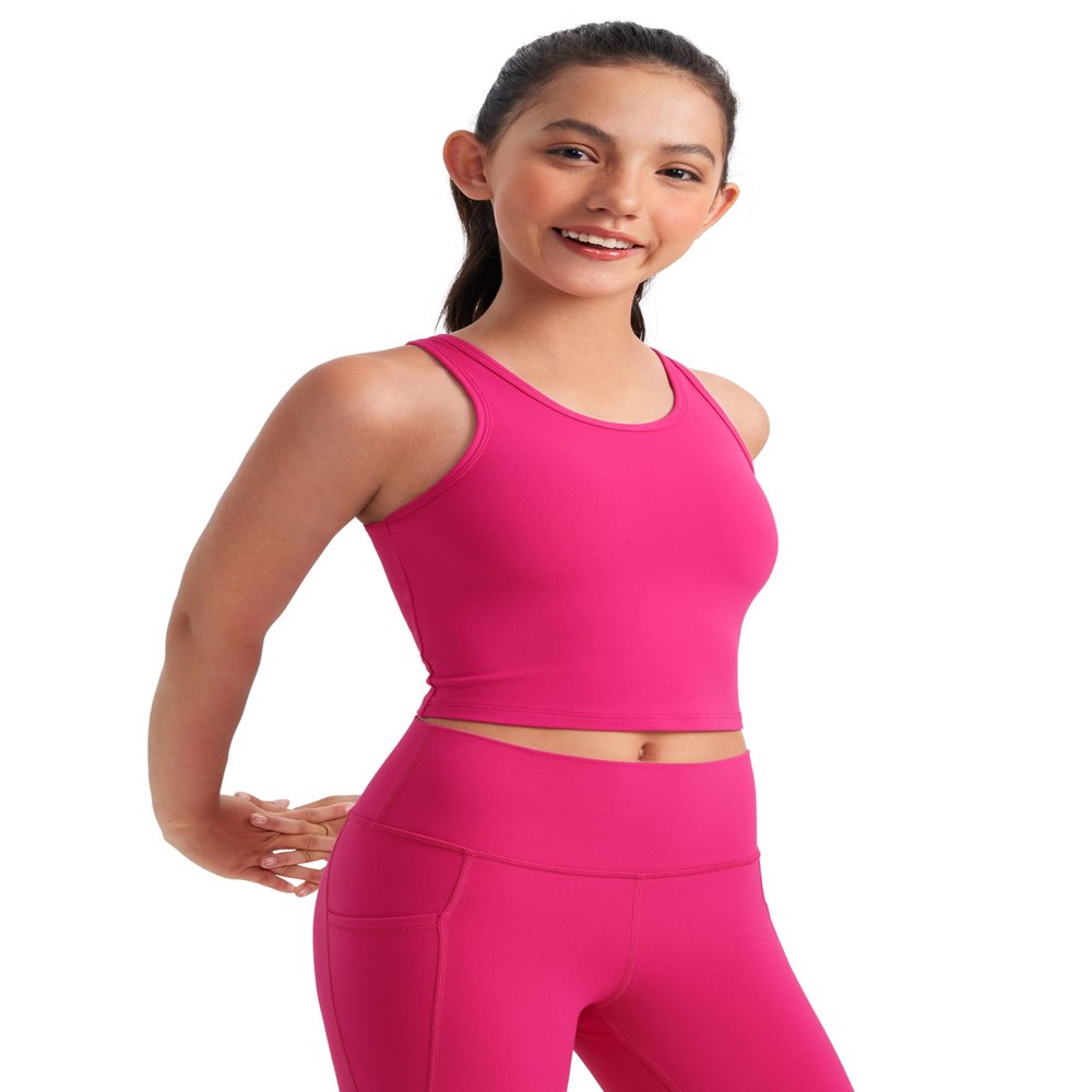 CRZ YOGA Girls Butterluxe Double Lined U Neck Crop Tank Tops - Dance Yoga Athletic Casual Racerback Tight Kids Teen Granita Pink Medium