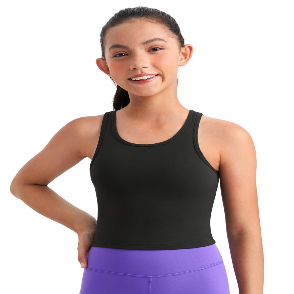 CRZ YOGA Girls Butterluxe Double Lined U Neck Crop Tank Tops - Dance Yoga Athletic Casual Racerback Tight Kids Teen Black X-Large