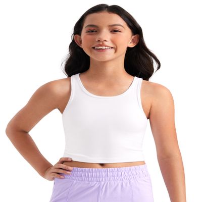 CRZ YOGA Girls Butterluxe Double Lined U Neck Crop Tank Tops - Dance Yoga Athletic Casual Racerback Tight Kids Teen White Small