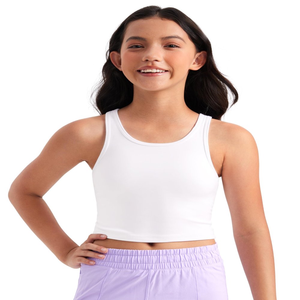 CRZ YOGA Girls Butterluxe Double Lined U Neck Crop Tank Tops - Dance Yoga Athletic Casual Racerback Tight Kids Teen White Small