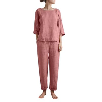 2 Piece Cotton Linen Outfit for Women Summer Casual Loose Solid Color Linen Sets 3/4 Sleeve Top Long Pants Suits