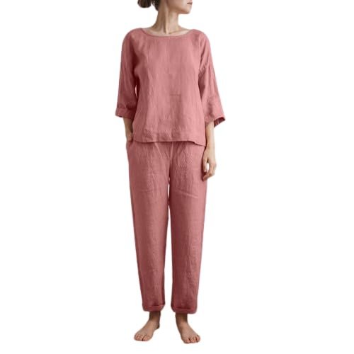 2 Piece Cotton Linen Outfit for Women Summer Casual Loose Solid Color Linen Sets 3/4 Sleeve Top Long Pants Suits