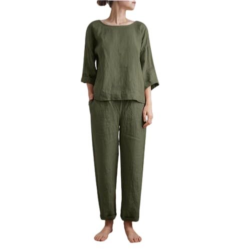 2 Piece Cotton Linen Outfit for Women Summer Casual Loose Solid Color Linen Sets 3/4 Sleeve Top Long Pants Suits