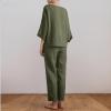 2 Piece Cotton Linen Outfit for Women Summer Casual Loose Solid Color Linen Sets 3/4 Sleeve Top Long Pants Suits view 3