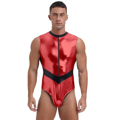 Freebily Men's Shiny Metallic Zipper Front Bodysuit Catsuits Astronaut Cosplay Role Play Costumes Red Large