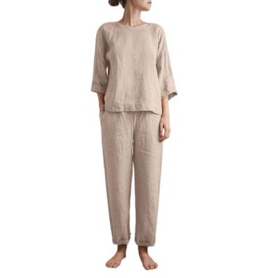 2 Piece Cotton Linen Outfit for Women Summer Casual Loose Solid Color Linen Sets 3/4 Sleeve Top Long Pants Suits