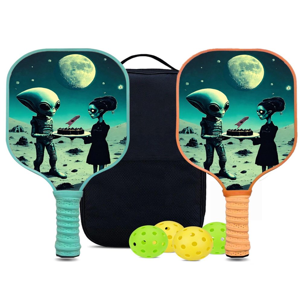 KUAVETO Pickleball Paddles Set, All The DIY Fun You can Have with Alien-AM11 Pattern Custom Made Honeycomb Polymer Core- Includes 2 Paddles, 4 Balls, and a Carry Bag