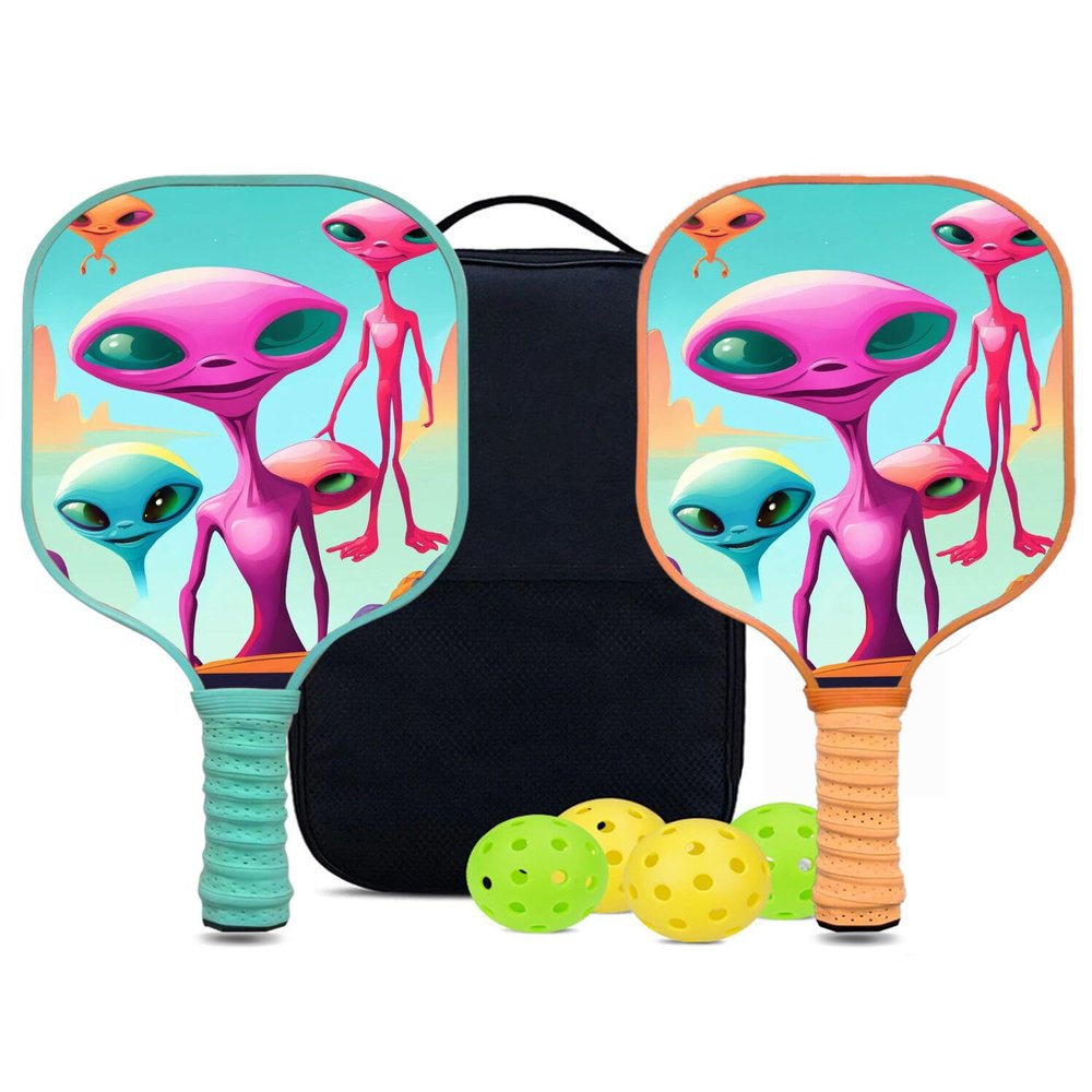 KUAVETO Pickleball Paddles Set, All The DIY Fun You can Have with Alien-AM201 Pattern Custom Made Honeycomb Polymer Core- Includes 2 Paddles, 4 Balls, and a Carry Bag
