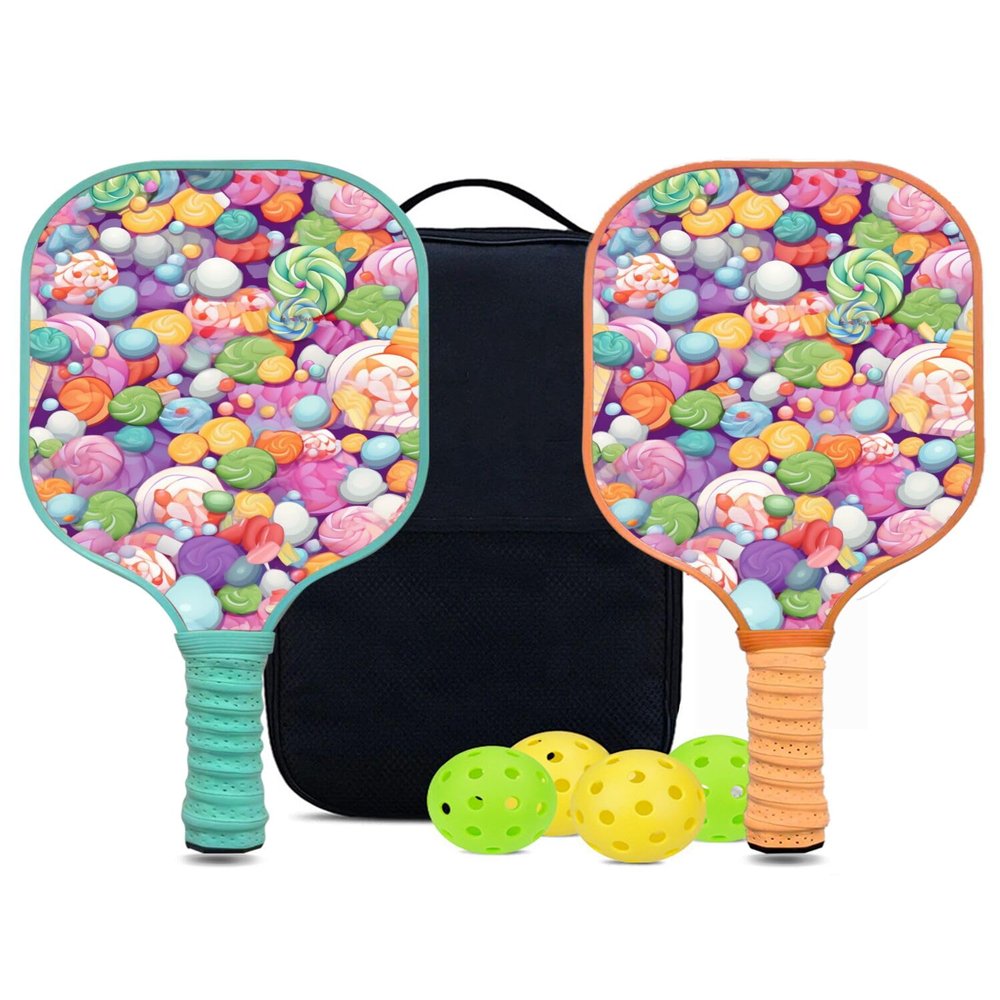 KUAVETO Pickleball Paddles Set, All The DIY Fun You can Have with Candy-AN12 Pattern Custom Made Honeycomb Polymer Core- Includes 2 Paddles, 4 Balls, and a Carry Bag