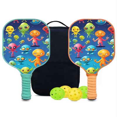 KUAVETO Pickleball Paddles Set, All The DIY Fun You can Have with Alien-AM214 Pattern Custom Made Honeycomb Polymer Core- Includes 2 Paddles, 4 Balls, and a Carry Bag