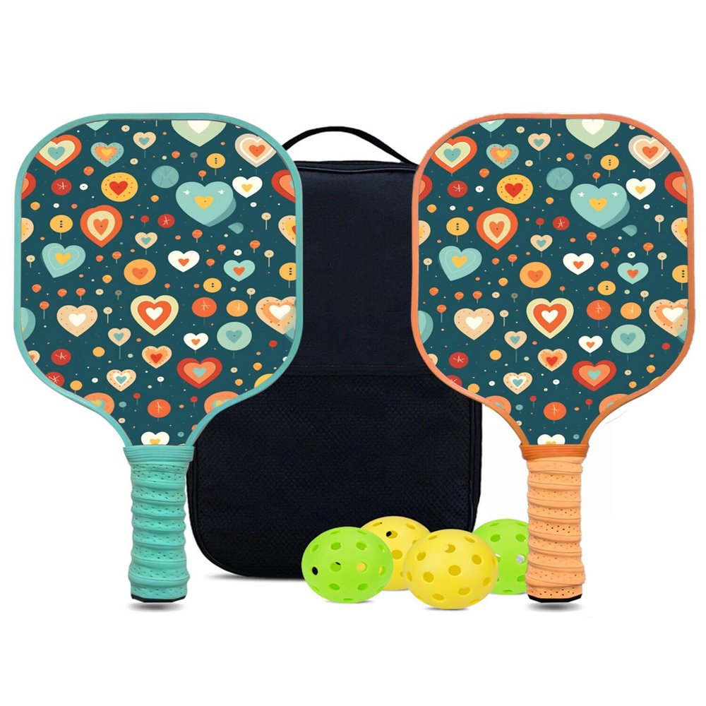 KUAVETO Pickleball Paddles Set, All The DIY Fun You can Have with Colorful Hearts-AN19 Pattern Custom Made Honeycomb Polymer Core- Includes 2 Paddles, 4 Balls, and a Carry Bag
