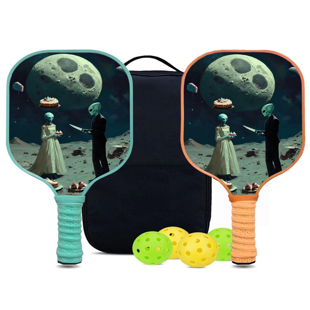 KUAVETO Pickleball Paddles Set, All The DIY Fun You can Have with Alien-AM10 Pattern Custom Made Honeycomb Polymer Core- Includes 2 Paddles, 4 Balls, and a Carry Bag