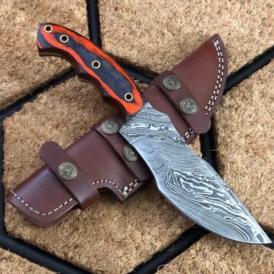 Damascus Steel Custom Handmade Hunting Tracker Knife, Fixed Blade Knife, Densified Wood Handle Knife with Leather Sheath, USA, Black/Red