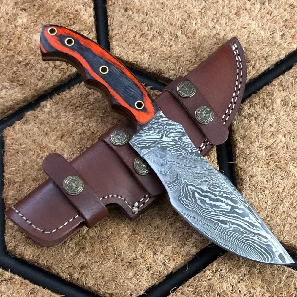 Damascus Steel Custom Handmade Hunting Tracker Knife, Fixed Blade Knife, Densified Wood Handle Knife with Leather Sheath, USA, Black/Red