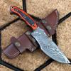 Damascus Steel Custom Handmade Hunting Tracker Knife, Fixed Blade Knife, Densified Wood Handle Knife with Leather Sheath, USA, Black/Red view 1