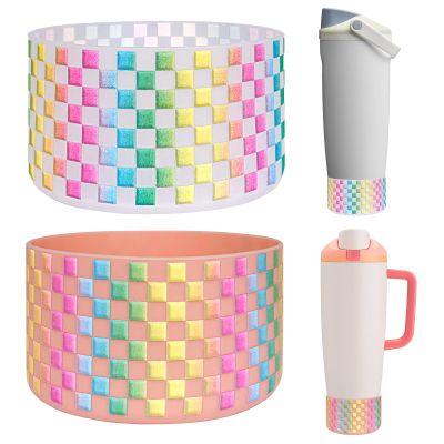 HEYSKAY 2PCS Silicone Boot Compatible with Owala 30oz & 40oz FreeSip Sway and 40oz Tumbler, Anti-Slip Bottom Boot Water Bottle Protective Sleeve(Colorful-lattice Flesh Pink/Transparent)