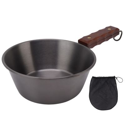 Camping Frying Pan, 2000ML Stainless Steel Grilling Pan with Wood Handle Portable Skillet for Camping Indoor Outdoor Cooking (Black)