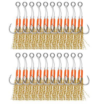PATIKIL Double Fishing Assist Hooks Kit, 20 Pcs Glow Jigging Hook Slow Fast Fall Jigs Fishing Hooks for Vertical Jigging Lures, Gold Tone (14#, 2.4"x0.55")