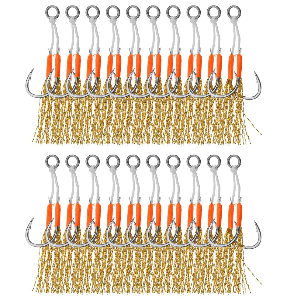 PATIKIL Double Fishing Assist Hooks Kit, 20 Pcs Glow Jigging Hook Slow Fast Fall Jigs Fishing Hooks for Vertical Jigging Lures, Gold Tone (14#, 2.4"x0.55")