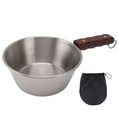 Camping Frying Pan, 2000ML Stainless Steel Grilling Pan with Wood Handle Portable Skillet for Camping Indoor Outdoor Cooking (Silver)