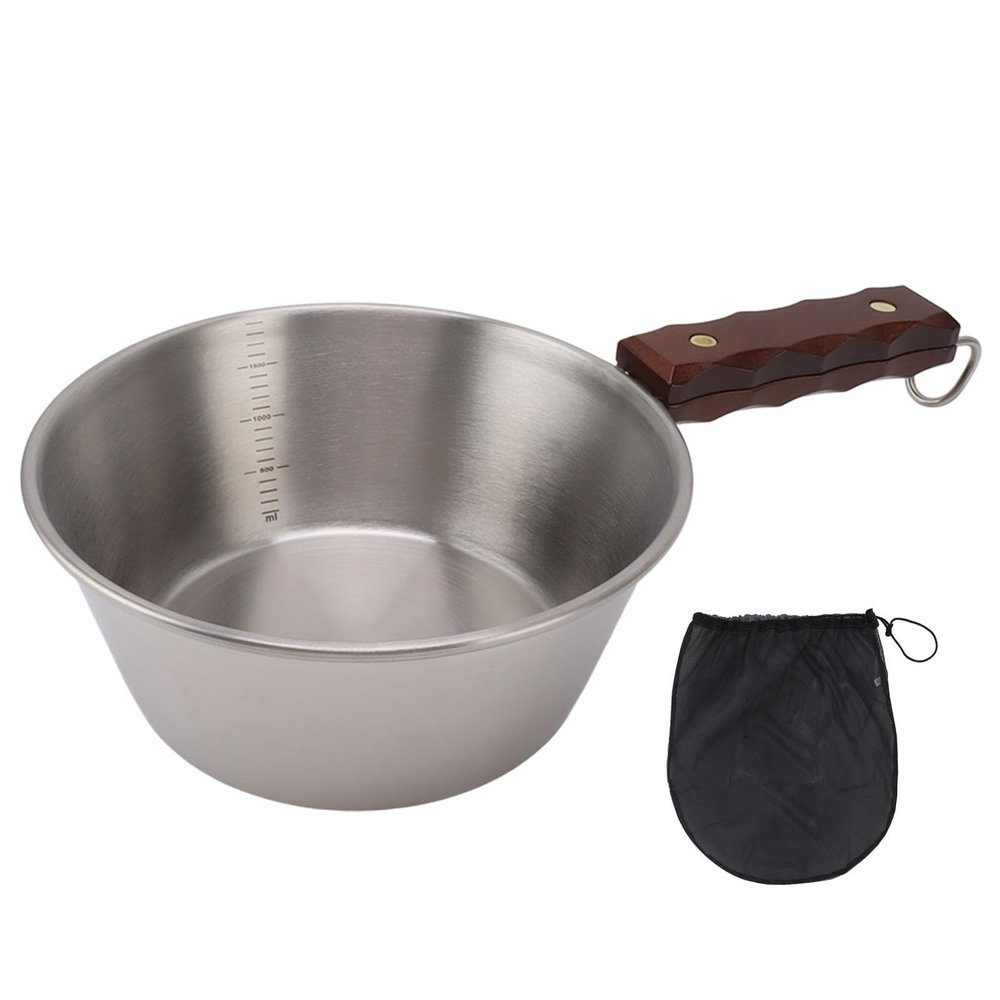 Camping Frying Pan, 2000ML Stainless Steel Grilling Pan with Wood Handle Portable Skillet for Camping Indoor Outdoor Cooking (Silver)