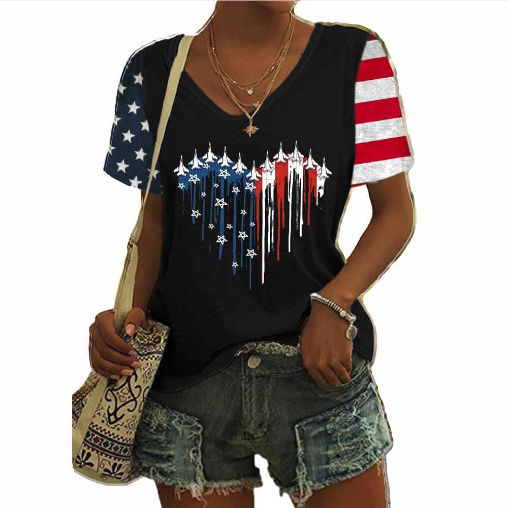 MOGUI American Red White and Blue Apparel Fighter Jet Airplane USA Flag 4Th of July Patriotic T-Shirt Red White Blue Tie Dye Shirt Women Vintage Tops Patriotic Tshirts American Flag Graphic Top