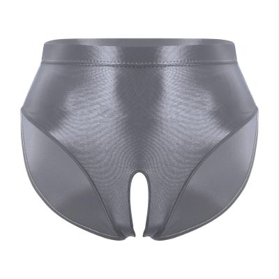Hedmy Men Shiny Oil Silk Low Rise Underwear Elastic Bikini Briefs Thongs Swimwear Underpants Panties Grey X-Large