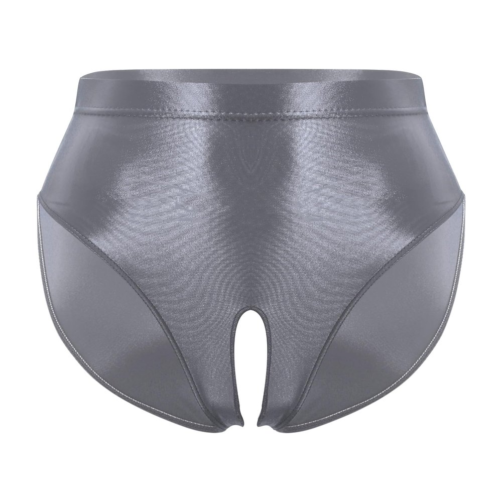 Hedmy Men Shiny Oil Silk Low Rise Underwear Elastic Bikini Briefs Thongs Swimwear Underpants Panties Grey X-Large