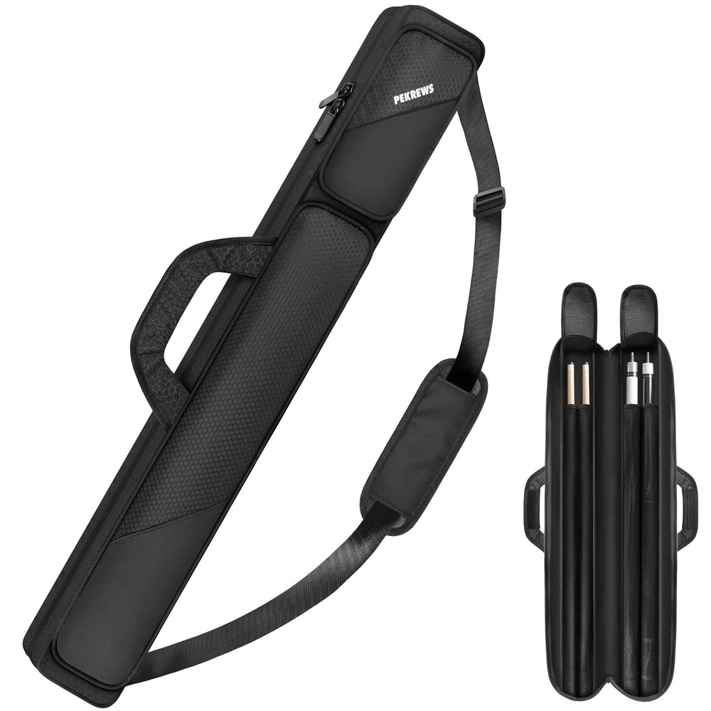 PEKREWS Pool Cue Case - 2x2 Holds 2 Sticks With 2 Accessory Zipper Pockets, Sturdy Polyester Carry Bag With Shoulder Strap Handle, Soft Billiard Sling Bag for Men and Women