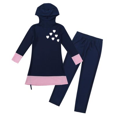 Yruioon Kids Girls Modest Hijab Burkini UPF 50+ Swim Cover Up Sets Athletic Rashguard Sets Swimsuits Navy Blue 10-12 Years